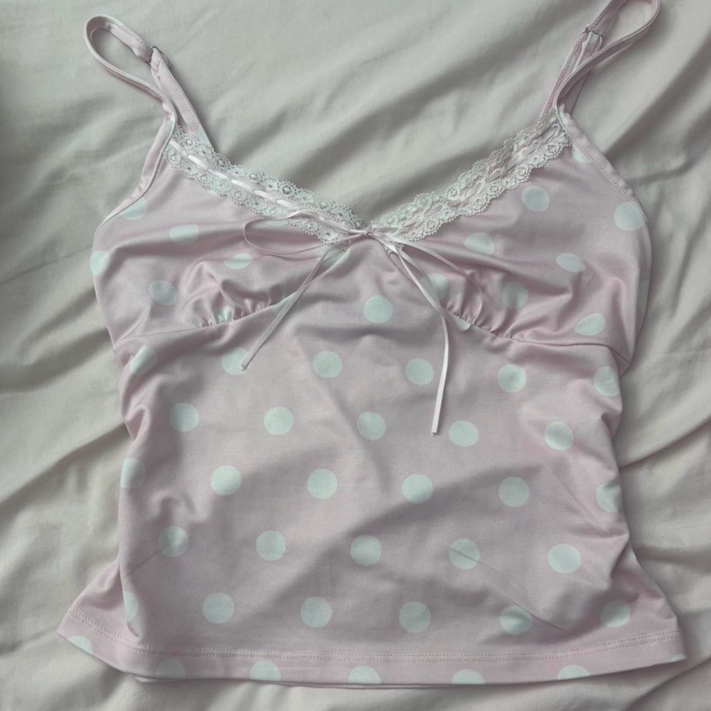 SOLD‼️ Pink Polka Dot Cami with Lace Trim